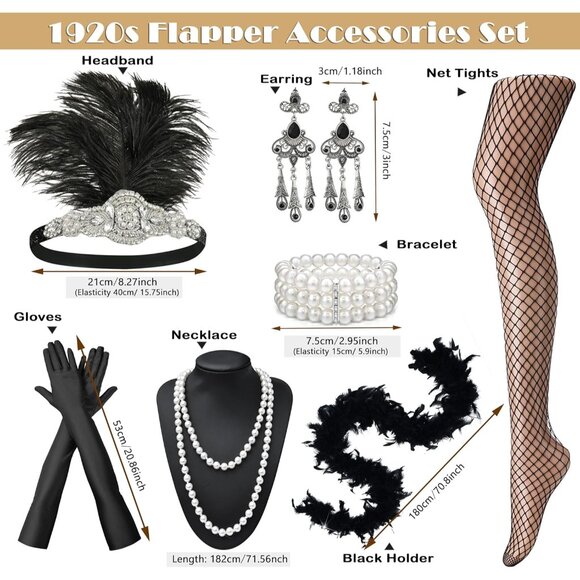 1920s Flapper Accessories Set Womens Costume Headband Gloves Pearl - Picture 6 of 7